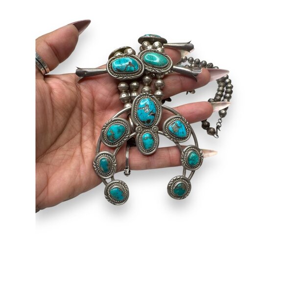 Native American Old Pawn Squash Blossom Necklace 26" Sterling Silver & Turquoise - Picture 7 of 16